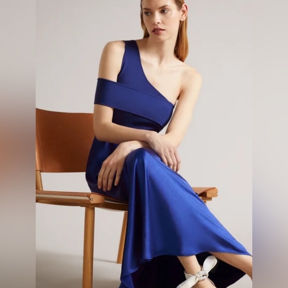 TED BAKER Ivena Asymmetric Knit Bodice Royal Blue Satin Skirt Dress - Picture 5 of 13